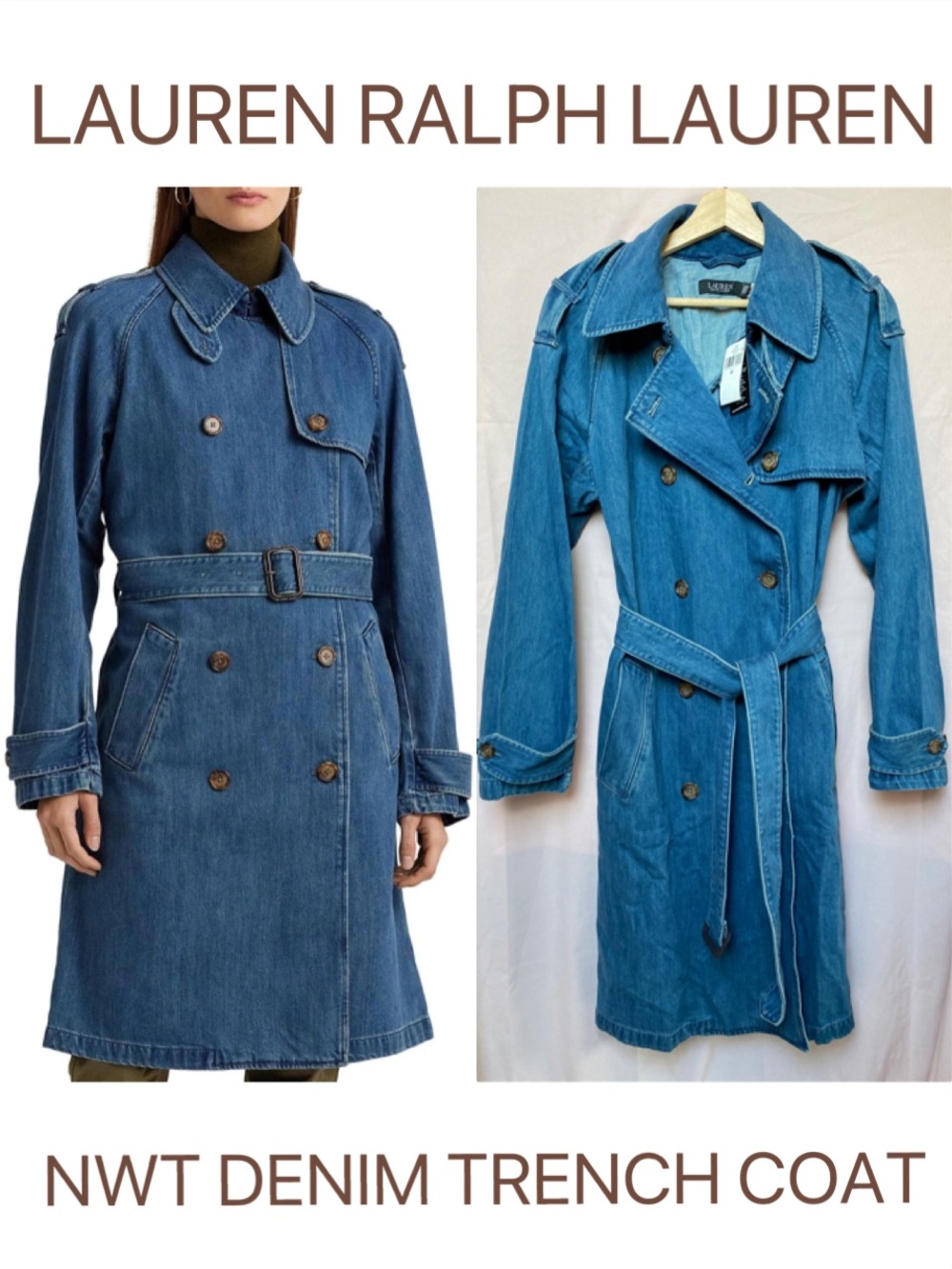 NWT Lauren Ralph Lauren Women's Denim Trench Coat Size 10 Classic Capsule Chic